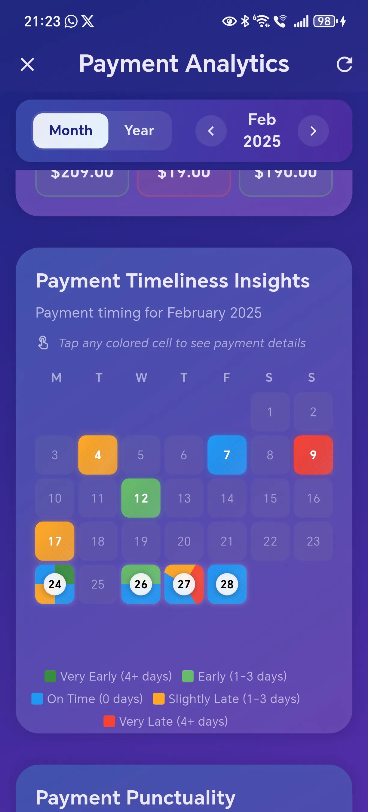 Monthly payment insights dashboard with charts showing payment patterns and timeliness statistics