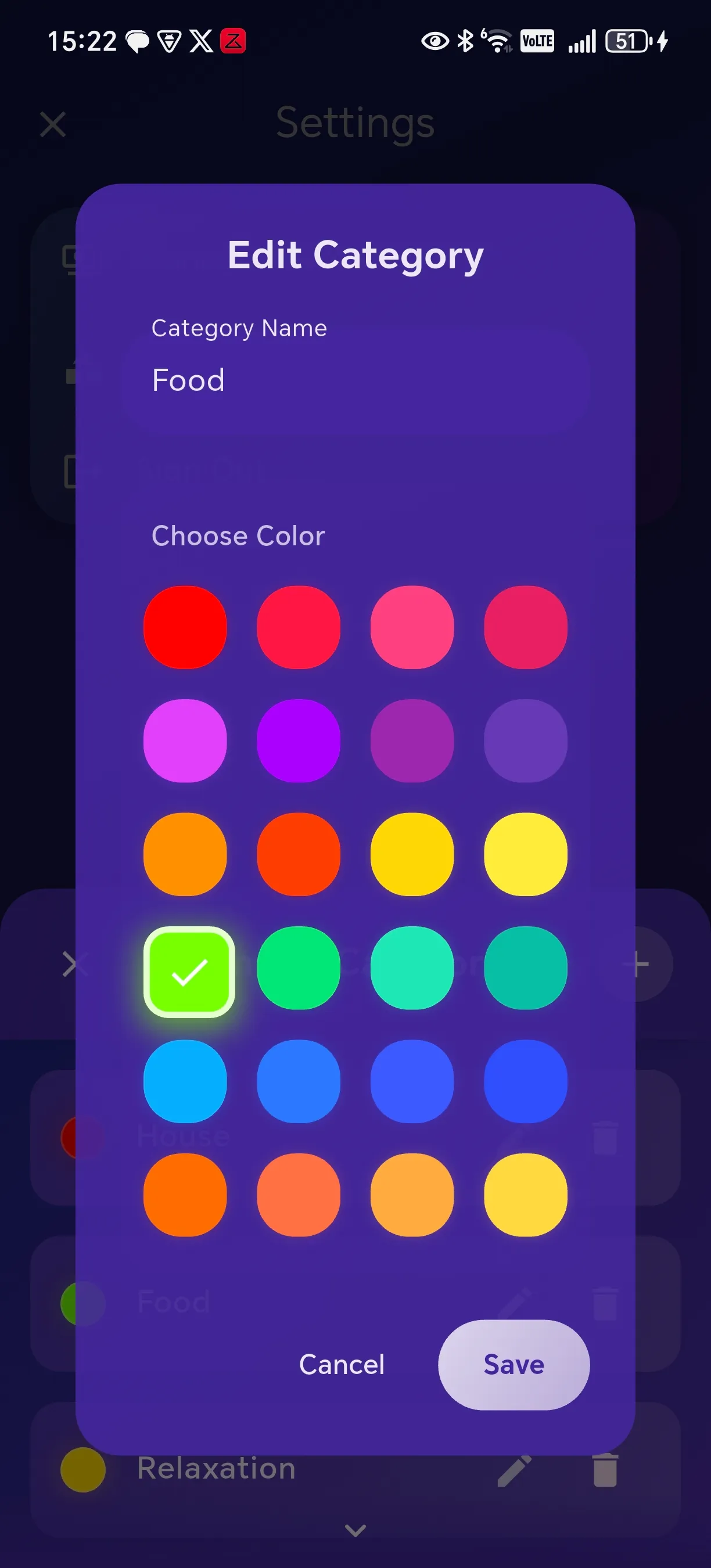 Category editing interface with name and color selection tools for visual identification