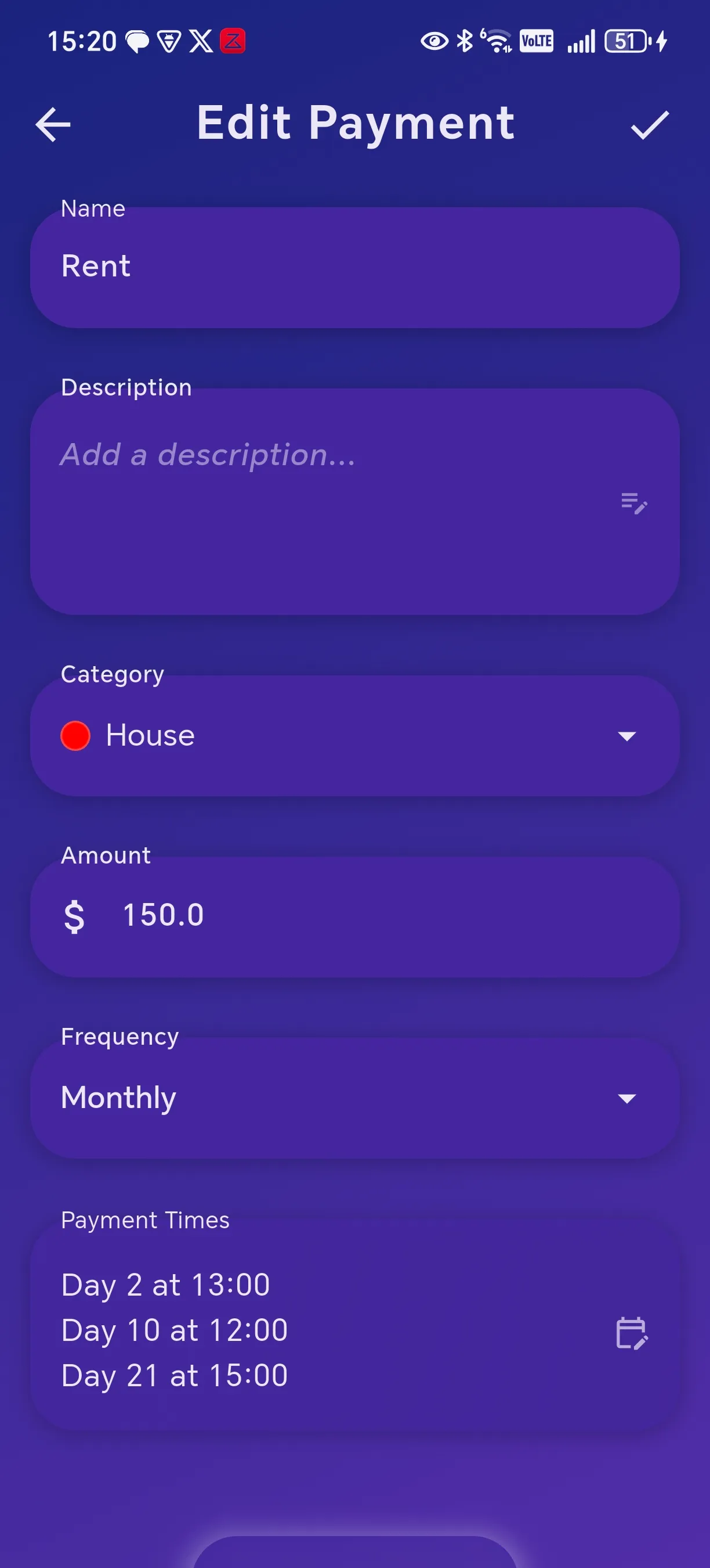 Payment creation form with fields for name, description, amount, category and frequency options