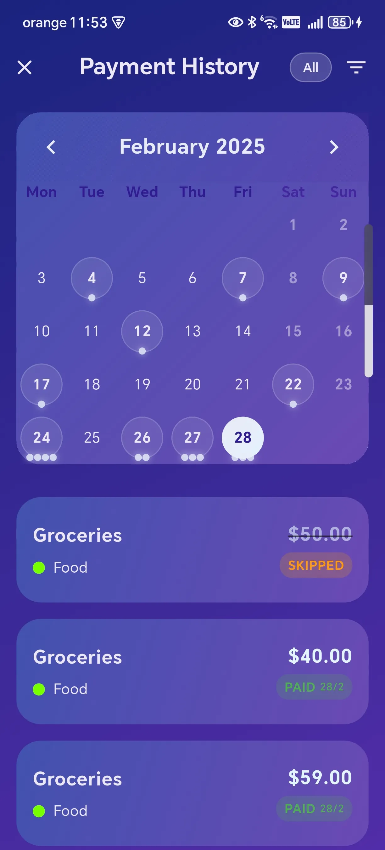 Payment history timeline showing completed payments with date and status filters