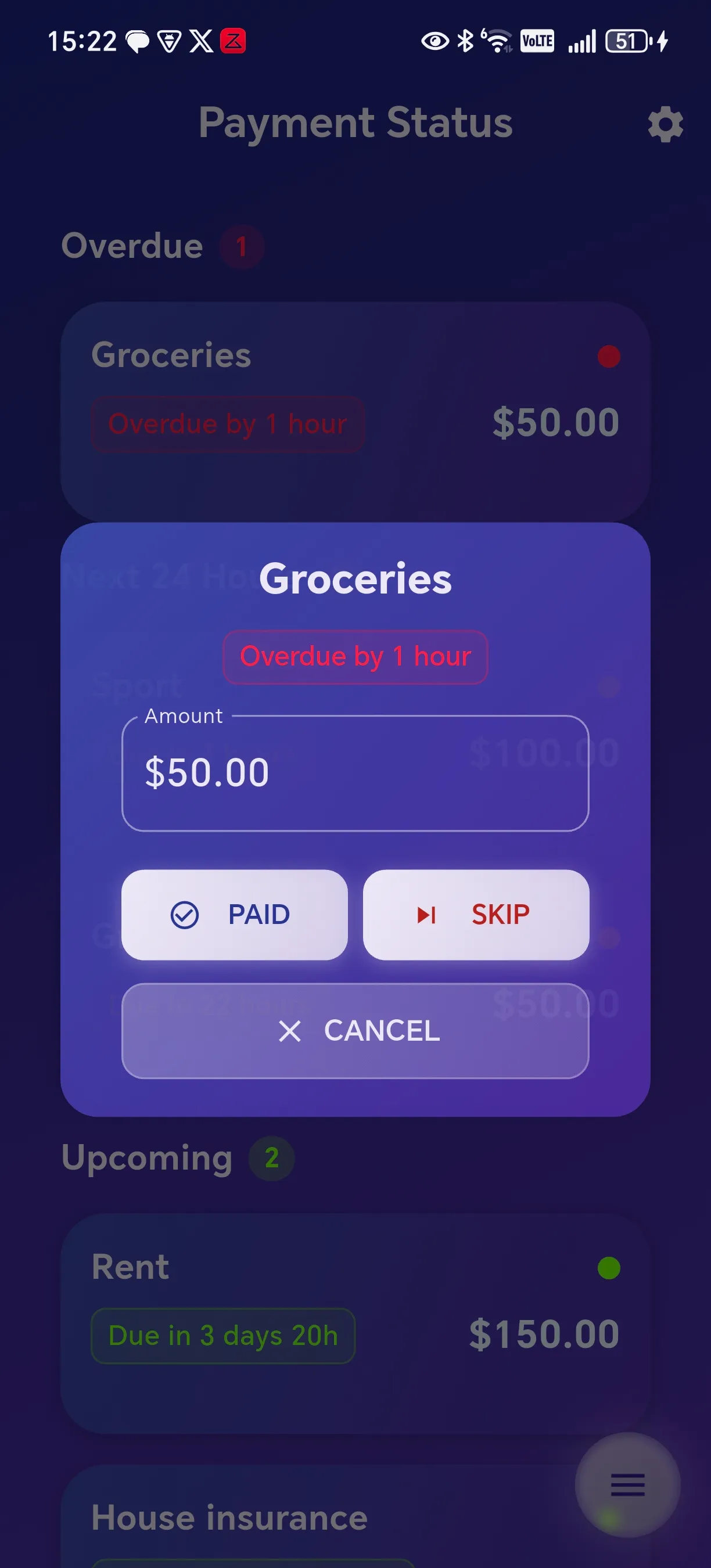 Quick payment actions interface showing swipe gestures to mark payments as paid or skipped